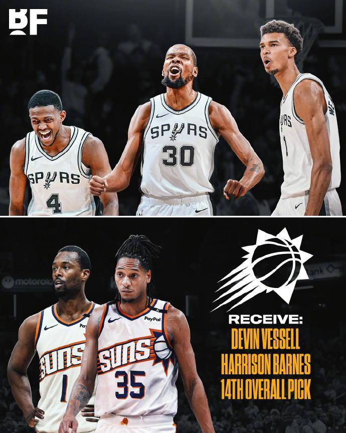 下家首选？美媒构想马刺交易方案:瓦塞尔+巴恩斯换KD